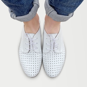 Clair - Women&#39;s white leather shoes, summer oxfords with perforated leather vamp, white lace-up flats, fully handcrafted and customizable