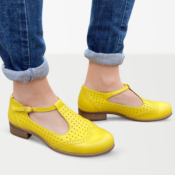 Jane - Women's Mary Janes, Perforated Leather Mary Janes, Vintage Shoes, Yellow Summer shoes, Custom Mary Janes, FREE customization!!!