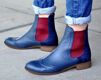 Lamont - Womens Ankle Boots, Leather Boots, Chelsea Boots, Navy & Burgundy Boots, Casual Style, Custom Handmade Boots, FREE customization!!!