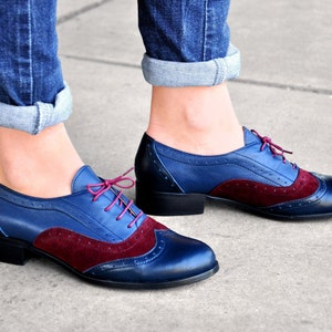 Lenox - Womens Leather Oxfords, Brogue Shoes, Vintage Shoes, Blue-Burgundy Oxfords, Oxford Shoes, Custom Shoes, FREE customization!!!