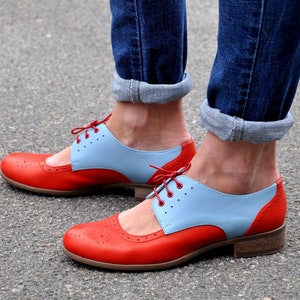 Florence: Women’s Red & Blue Colorblock Leather Oxford Flats – Cutout Brogue Shoes, Handmade and Customizable