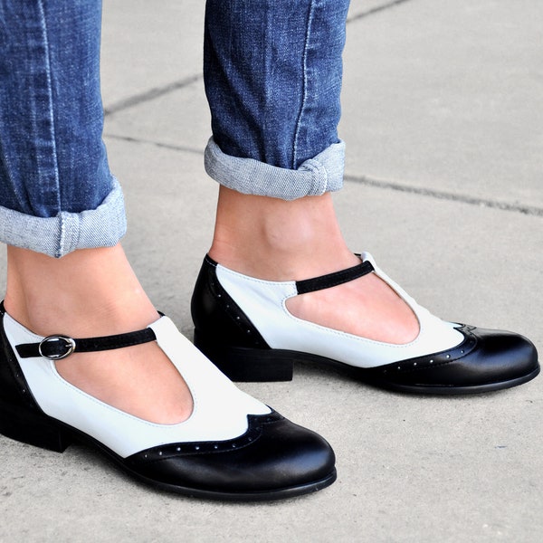Jane - Women's Mary Janes, Leather Mary Janes, Vintage Shoes, Black and White Mary Jane shoes, Custom Shoes, FREE customization!!!