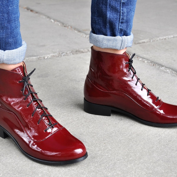 Camden - Womens Fall Boots, Lace-up Leather Boots, Oxford Boots, Burgundy Boots, Patent Leather, Winter Boots, FREE customization!!!