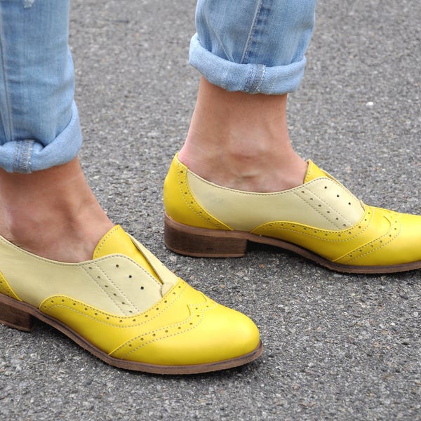 Pershing - Laceless Oxfords, Womens Brogues, Oxfords for Women, Slip on Shoes, Yellow Leather Shoes, FREE customization!!!