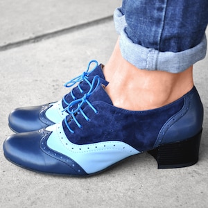 Morgan - Women's navy blue oxfords shoes, brogues dress shoes with 2-inch block heels and round toes, fully handmade and customizable