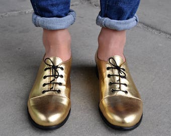 Mariachi - Gold Oxfords, Leather Oxfords for Women, Handmade Shoes, Golden shoes, Womens Oxfords, Custom Shoes, FREE customization!!!!