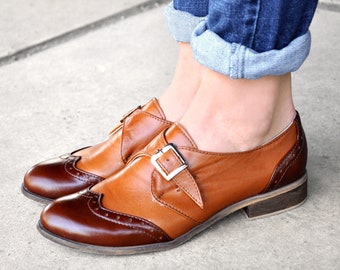 Duke - Women&#39;s tan monk strap shoes, brogue dress shoes with buckles, two-tone brown  shoes, fully handcrafted and customizable