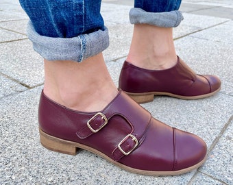 Baron - Women&#39;s burgundy dress shoes, double monk straps, minimalist buckle shoes for ladies, fully handcrafted and customizable