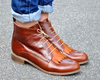 Burton - Handcrafted Brown Leather Chukka Boots, Fringe Kiltie, Ankle Lace-up Style, Customizable