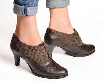 Marylebone - Richelieus à talons, Richelieus pour femmes, Chaussures en cuir marron, Talons en coton, Chaussures faites main, Chaussures personnalisées, personnalisation gratuite !