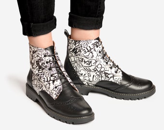 Brixton  - Womens Printed Leather Boots, Lace-up Leather Boots, Combat Boots, Oxford Boots, Custom boots, FREE customization!!!