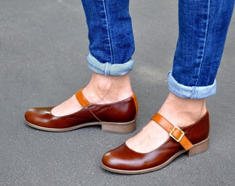 Joplin: Handcrafted Brown Leather Mary Jane Flats – 1920s Retro Shoes