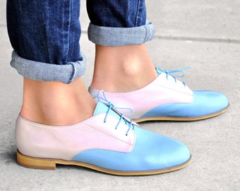 Necker - Womens Brogues, Leather Oxfords, Summer Shoes, Leather Shoes, Light Blue shoes, Light Rose Custom Shoes, FREE customization!!!