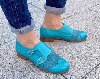 Baron - Double Monk Straps, Turquoise leather shoes, Monk strap shoes, Teal Dress Shoes, Custom Shoes,  FREE customization!!!