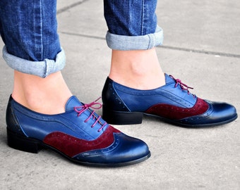 Lenox - Womens Leather Oxfords, Brogue Shoes, Vintage Shoes, Blue-Burgundy Oxfords, Oxford Shoes, Custom Shoes, FREE customization!!!