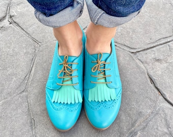 Hendrick - Derbys en cuir pour femme, richelieus, chaussures à franges, chaussures vintage, chaussures turquoise, chaussures derby, personnalisation GRATUITE !!!