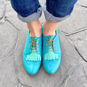 Hendrick Womens Leather Derbys, Brogued Oxfords, Fringe shoes, Vintage Shoes, Turquoise Shoes, Derby Shoes, FREE customization image 1