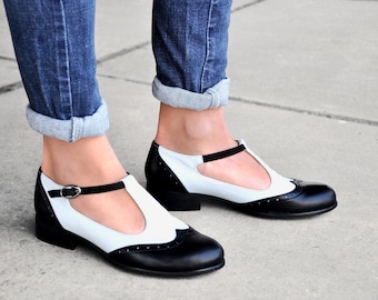 Jane - Women's Mary Janes, Leather Mary Janes, Vintage Shoes, Black and White Mary Jane shoes, Custom Shoes, FREE customization!!!