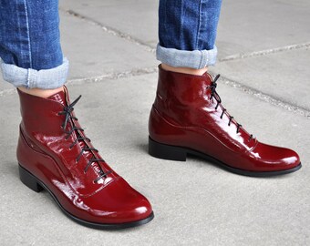 Camden - Womens Fall Boots, Lace-up Leather Boots, Oxford Boots, Burgundy Boots, Patent Leather, Winter Boots, FREE customization!!!