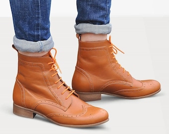 Russel Brogue Boots Women Lace up Leather Boots Oxford Boots Retro Boots Winter Boots Custom Boots FREE Customization Etsy UK