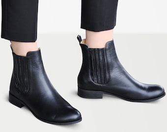Lamont: Women’s Black Leather Chelsea Boots – Slip-On Ankle Boots, Customizable and Handcrafted