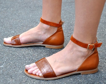 Sobe - Sandales richelieu, sandales pour femmes, sandales faites main, sandales en cuir, sandales plates, sandales marron, chaussures d'été, personnalisation GRATUITE !!!