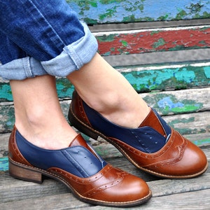 Pershing - Laceless Oxfords, Womens Brogues, Oxfords for Women, Slip On Shoes, Brown Leather Shoes, FREE customization!!!