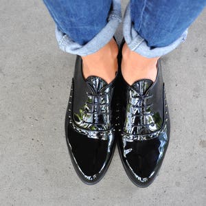 Savile Womens Oxfords, Pointed Oxfords, Black Patent Oxfords, Rivets ...