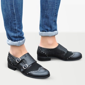 Black croc embossed leather and suede