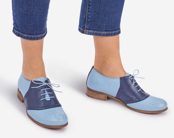 Stoker: Women's Two-Tone Leather Saddle Shoes - Navy & Pastel Blue Lace ups Flats, Customizable