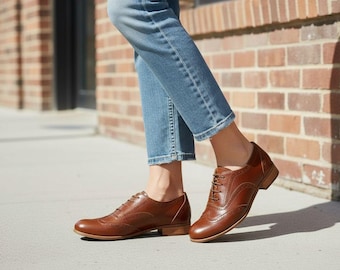 Lenox: Women's Tobacco Leather Oxford Brogues - Classic Wingtip Dress Shoes, Customizable