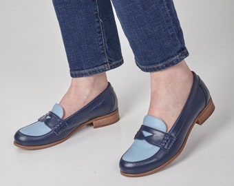 Richmond - Women's navy loafers with contrasting sky blue vamp and sleek beige soles, comfortable barefoot slip on shoes
