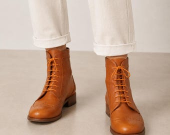Russel: Women's Handcrafted Sunny Brown Leather Brogue Ankle Boots, Customizable