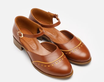 Madeleine: Women’s Brown Leather Mary Jane Sandals, Closed Toe Ankle Strap Shoes, Low Heel, Handmade & Customizable