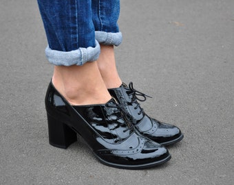 Kent: Women's Handmade Black Patent Leather Oxford Heels - Brogue Block Heel Shoes