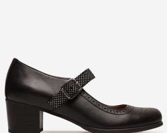 Joplin Pumps: Women's Black Leather Mary Jane Heels, Handcrafted Block Heels, Polka Dot Straps