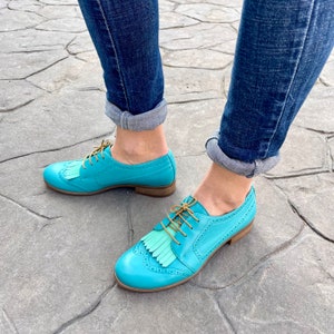 Hendrick Womens Leather Derbys, Brogued Oxfords, Fringe shoes, Vintage Shoes, Turquoise Shoes, Derby Shoes, FREE customization image 2