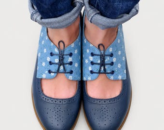 Florence: Women’s Navy Leather Brogues – Daisy Cutout Oxfords, Customizable Handmade Shoes