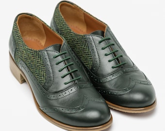 Emerald - Handcrafted Leather Oxfords, Green Tweed Canvas Brogue Shoes