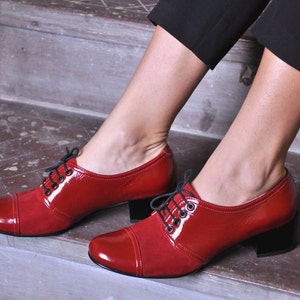 Moor: Women’s Red Patent Leather & Suede Oxford Heels – 2" Block Heel Lace-Up Dress Shoes, Handmade and Customizable