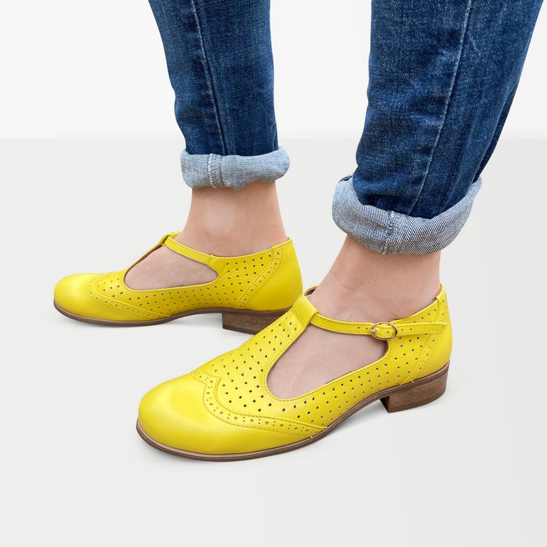 Jane Women's Mary Janes, Perforated Leather Mary Janes, Vintage Shoes, Yellow Summer shoes, Custom Mary Janes, FREE customization image 3
