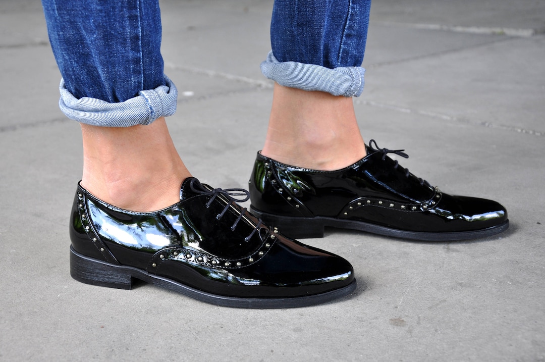 Savile Womens Oxfords, Pointed Oxfords, Black Patent Oxfords, Rivets Shoes, Patent Leather