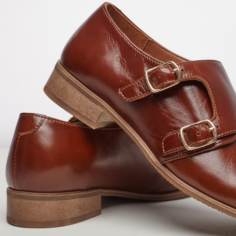 Monk strap shoes for women brown leather