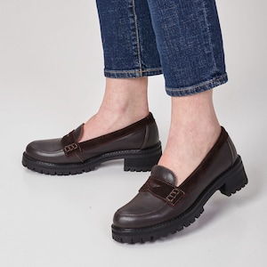 Richmond - Women&#39;s Brown Penny Loafers with Suede Vamp and Chunky Soles, Ladies&#39; Leather Slip On Shoes, Fully Handcrafted and Customizable