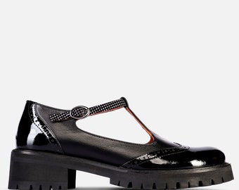 Jane - Handmade Black Leather Mary Jane Shoes, Chunky Platform, T-Strap Flats, Customizable