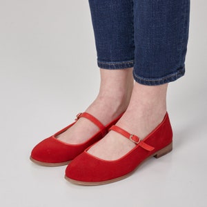 Lily - Women's Mary Jane ballet flats with gold tone buckles, strap ballerina shoes in red suede, casual everyday shoes, fully handcrafted