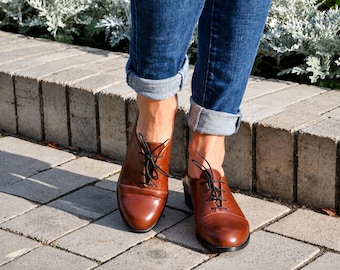 Gatsby: Women's Cognac Brown Leather Oxford Shoes - Cap Toe Lace-Up Flats, Handmade Customizable