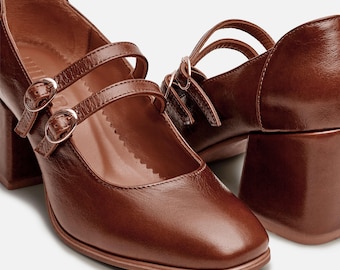 Marcel Women's Brown Mary Janes Heels, Square Toe Shoes With