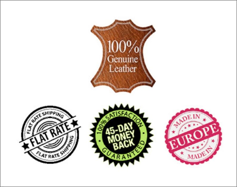 May include: A brown leather tag with the text "100% Genuine Leather" is displayed above three circular badges. The badges read "Flat Rate Shipping", "100% Satisfaction 45-Day Money Back Guaranteed", and "Made in Europe".