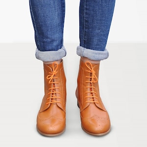 Russel - Women&#39;s ankle boots, brogue oxfords boots in sunny brown leather, dress boots with elegant soles, handcrafted and customizable